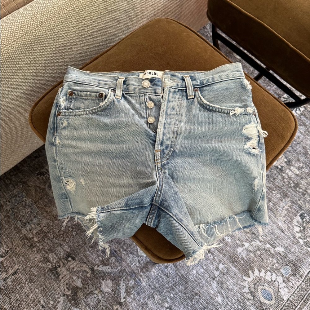 Agolde Distressed Light Blue Jean Shorts